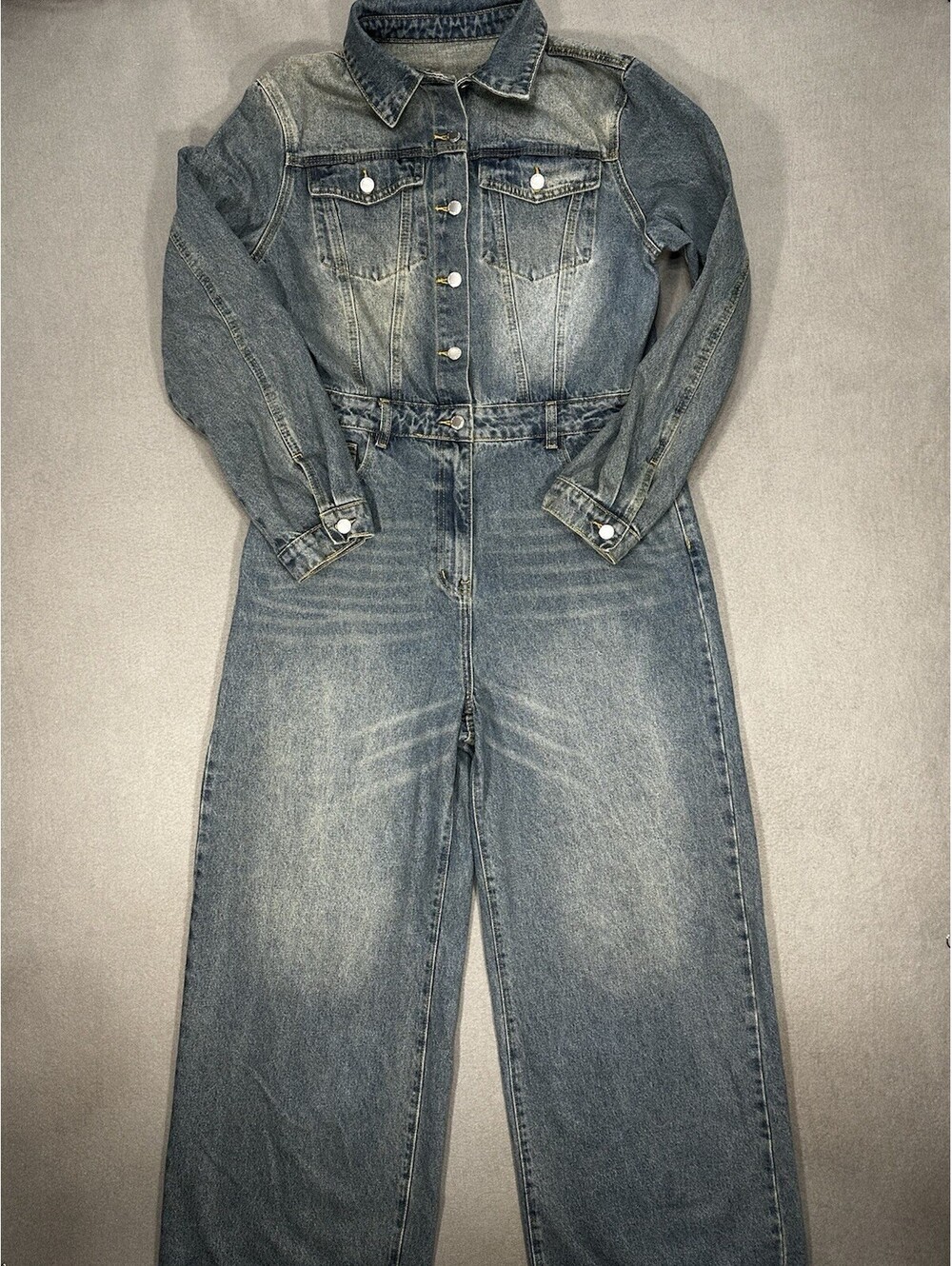 Shein Denim Jumpsuit Women XL Blue Long Sleeve Button Front Wide Leg